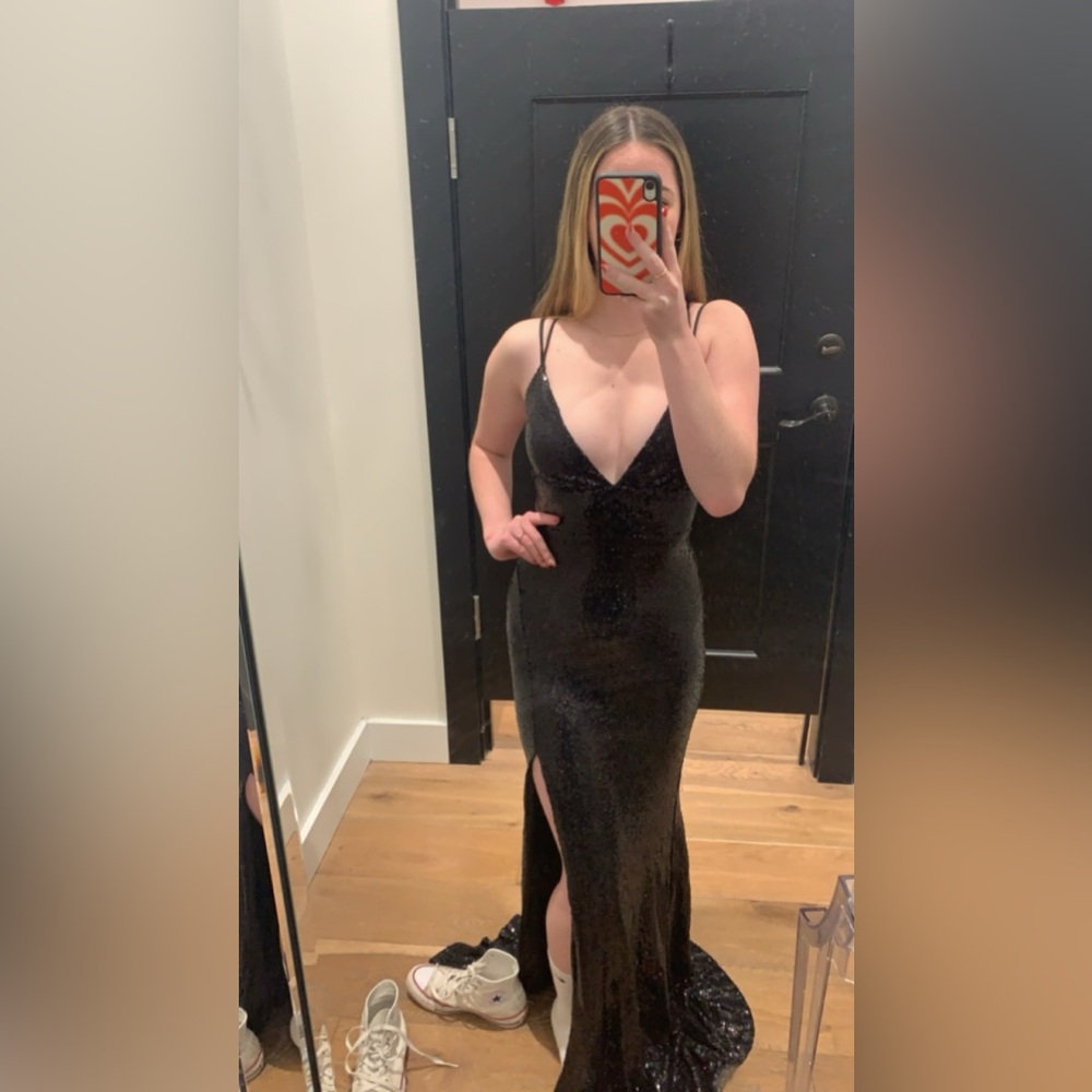 Black sequin tie up back PROM dress!!